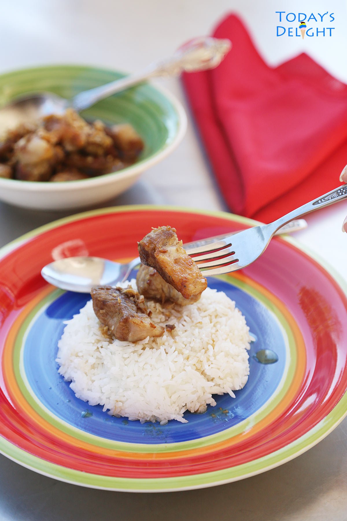 Pork adobo and sauce over white rice and a serving of dish in a bowl.