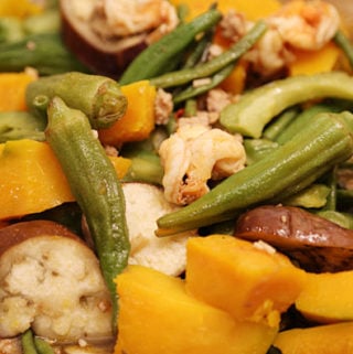 Pinakbet is cooked vegetable with pork and shrimp