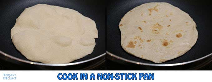 Tortilla cooked in non-stick pan.