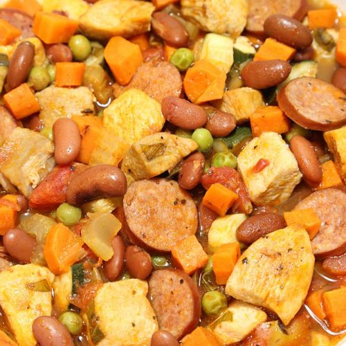 Kielbasa Chicken and Bean Stew in serving platter and Today's Delight.