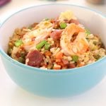 Shrimp Fried Rice with Chinese Sausage and Ham and vegetables in a bowl.